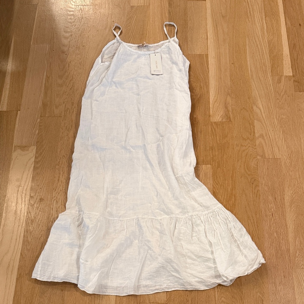 Women’s White Linen Maxi Dress with Ruffle Hem